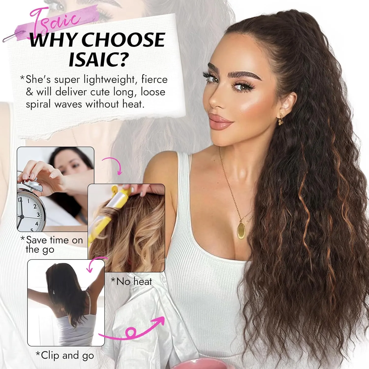 Isaic 30 Inch Claw Clip Ponytail Extension for Women, Long Wavy Pony Tails Hair Extensions Fluffy Natural Synthetic Hairpiece Gorgeous Clip on Ponytails for Daily Use(Brown with Blonde Highlights)