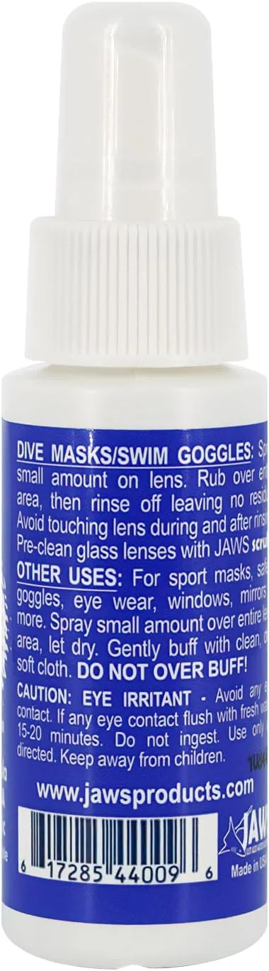 Jaws Quick Spit Anti-Fog Spray for Swim Goggles, Eye Glasses, Snorkel Mask, Scuba Divers, and Safety Eyewear, Made in The USA