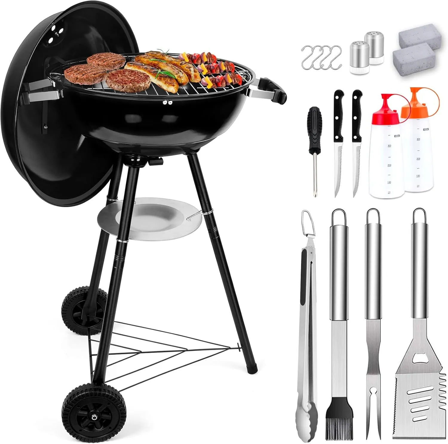 Joyfair 18In Charcoal Grill Set(18Pcs), Outdoor Camping Kettle Barbecue Grill & Grilling Accessories, Include Spatula, Food Tong, Brush and More Tool, 250.SQ.IN Cooking Area, Heavy Duty & Portable