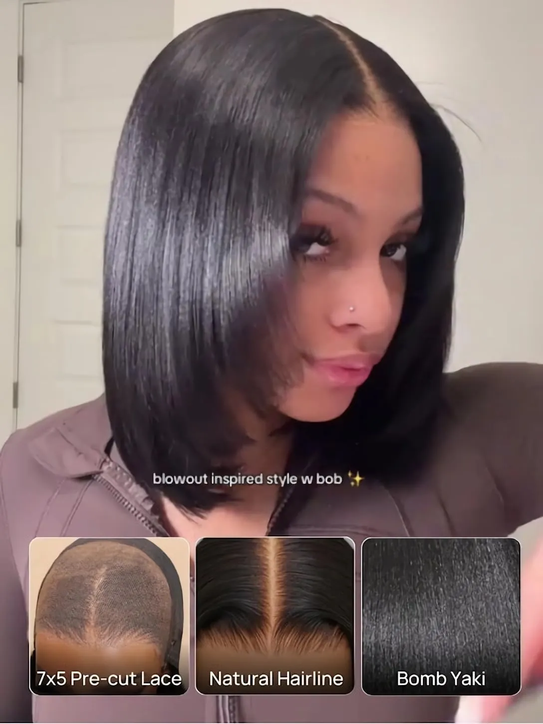 Julia Hair 10 Inch Light Yaki Straight Bob Wig 100% Human Hair Glueless Bye Bye Knots 7x5 Hd Lace Pre Cut Plucked Short Wig Natural Color Straight Bleached Knots Side Part Black Wigs