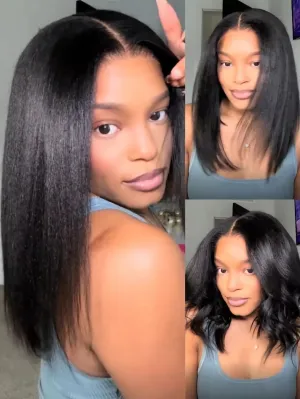 Julia Hair 10 Inch Light Yaki Straight Bob Wig 100% Human Hair Glueless Bye Bye Knots 7x5 Hd Lace Pre Cut Plucked Short Wig Natural Color Straight Bleached Knots Side Part Black Wigs