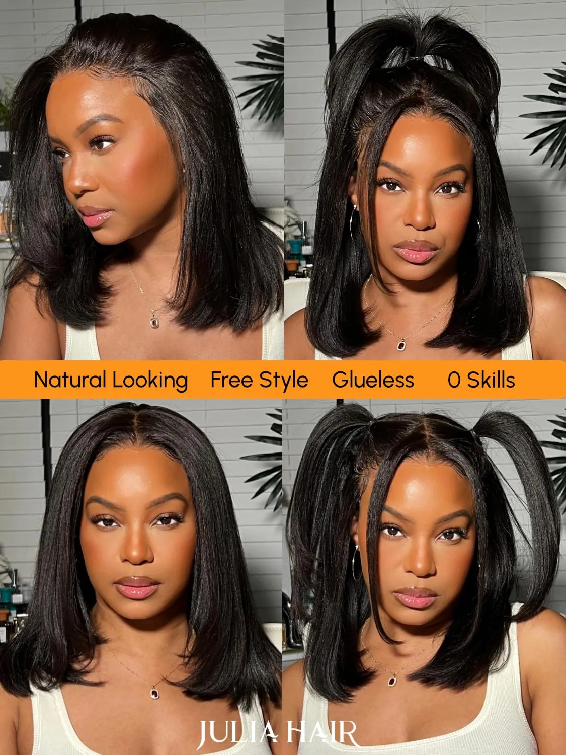 Julia Hair 10 Inch Yaki Straight Bob Wig 13x4 HD Pre-Cut Lace Front Wig Put On and Go Glueless Short Bob Wig Pre Everything Pre Plucked Hairline Bleached Bye Bye Knots with Ear Tape Ready to Go