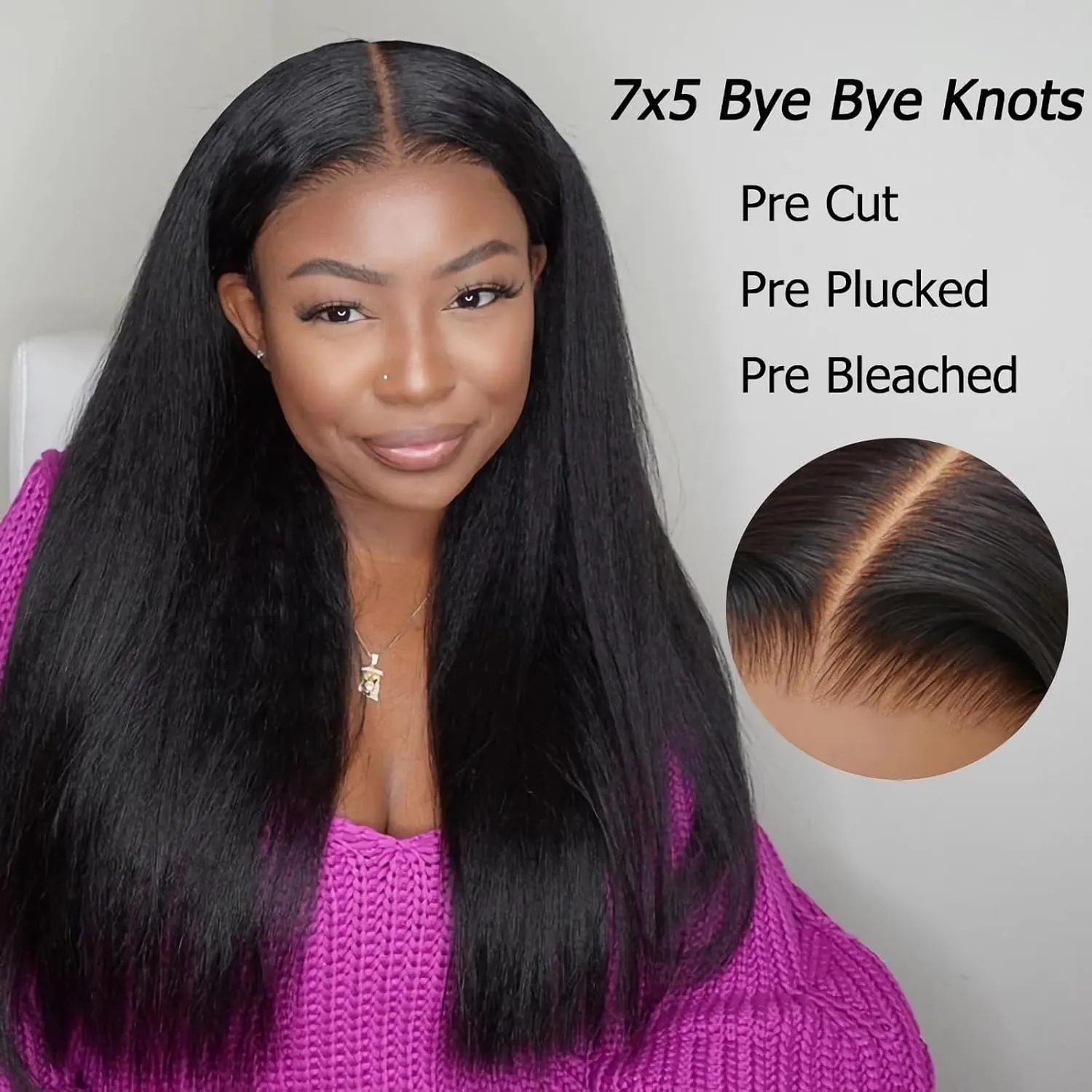 Julia Hair Bye Bye Knots Glueless Wig Yaki Human Hair Lace Wig Invisible Knots Put On and Go Pre Cut 7x5 Lace Front Wigs for Beginners Pre Bleached Pre Plucked No Glue150% Density 22 Inch