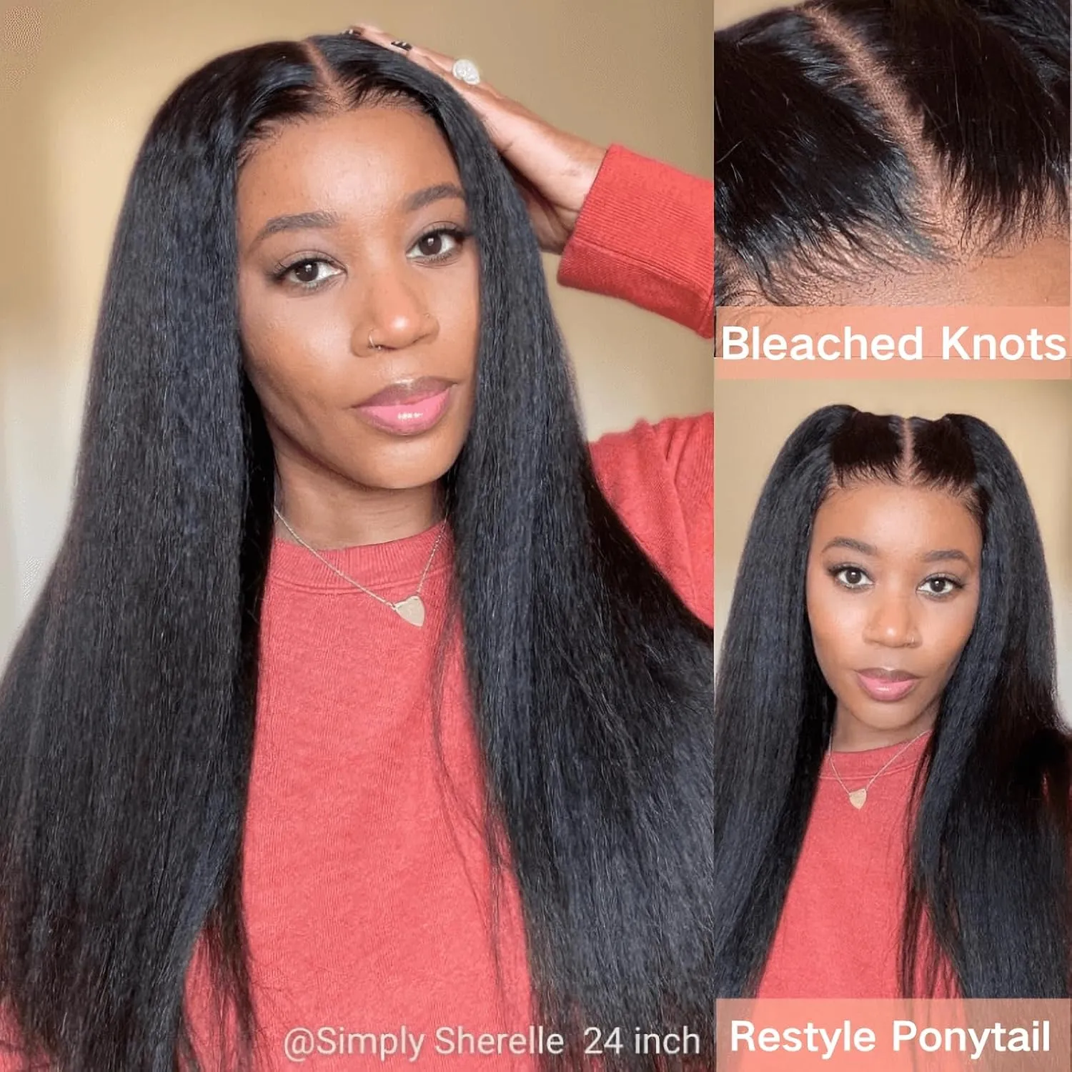 Julia Hair Bye Bye Knots Glueless Wig Yaki Human Hair Lace Wig Invisible Knots Put On and Go Pre Cut 7x5 Lace Front Wigs for Beginners Pre Bleached Pre Plucked No Glue150% Density 22 Inch