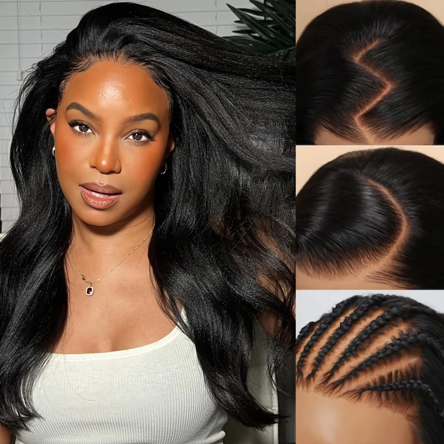 Julia Hair Bye Bye Knots Glueless Wig Yaki Human Hair Lace Wig Invisible Knots Put On and Go Pre Cut 7x5 Lace Front Wigs for Beginners Pre Bleached Pre Plucked No Glue150% Density 22 Inch