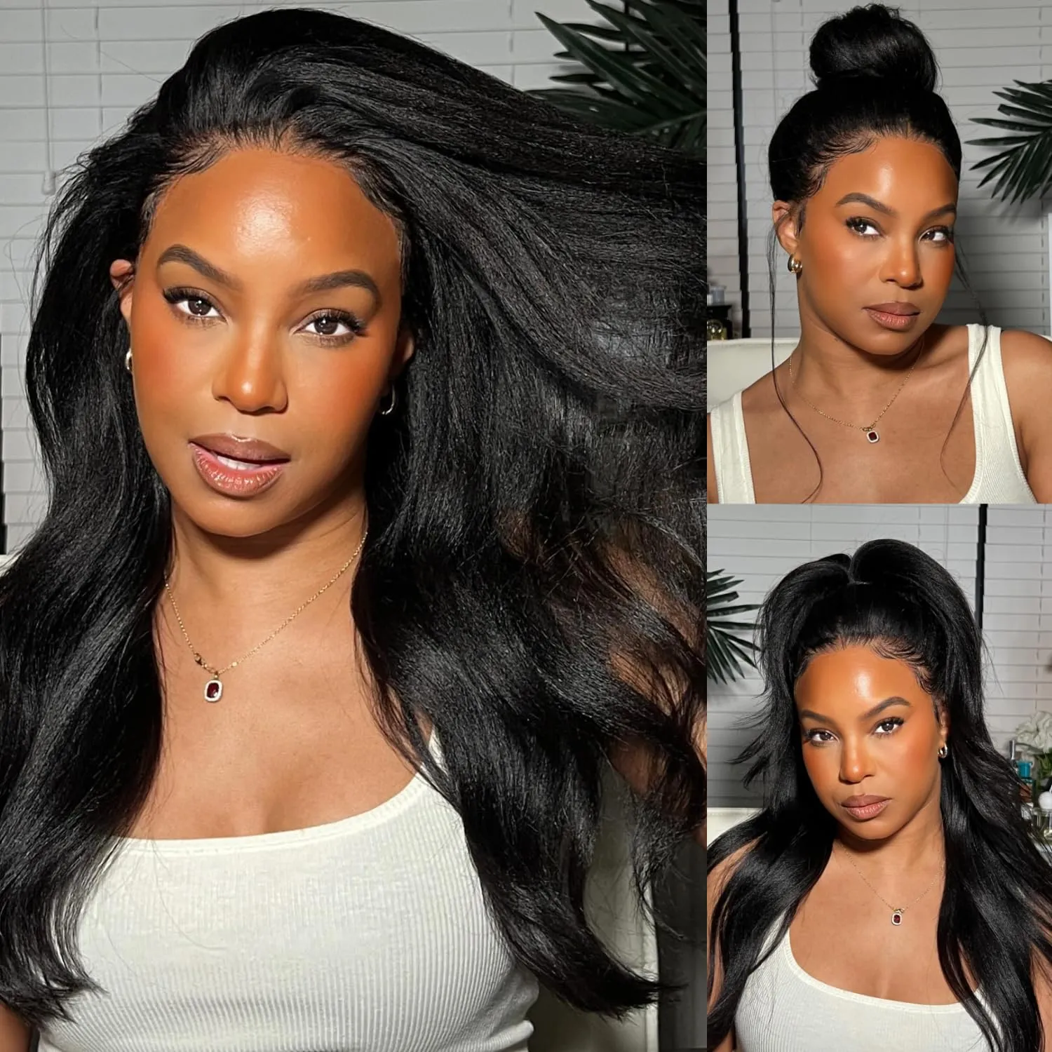 Julia Hair Bye Bye Knots Glueless Wig Yaki Human Hair Lace Wig Invisible Knots Put On and Go Pre Cut 7x5 Lace Front Wigs for Beginners Pre Bleached Pre Plucked No Glue150% Density 22 Inch