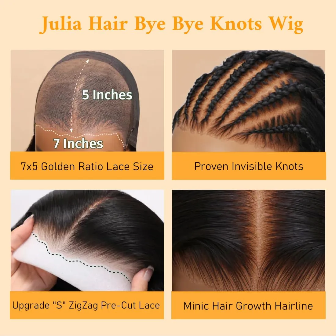 Julia Hair Bye Bye Knots Glueless Wig Yaki Human Hair Lace Wig Invisible Knots Put On and Go Pre Cut 7x5 Lace Front Wigs for Beginners Pre Bleached Pre Plucked No Glue150% Density 22 Inch