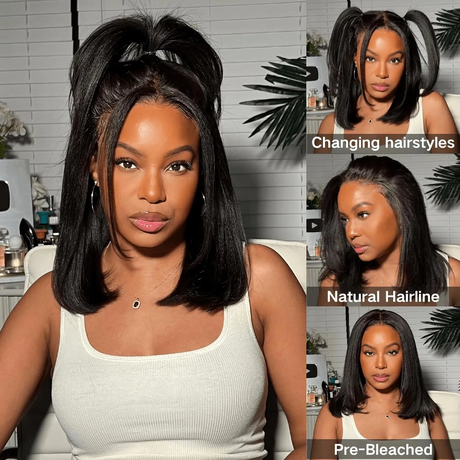 Julia Hair Light Yaki Straight Bob Wig Human Hair Pre-Cut HD Lace Bye Bye Knots Glueless Wigs Human Hair Put on and Go Pre Bleached Invisible Knots 7x5 Lace Front Wigs Lace Closure Bob Wigs 10 Inch