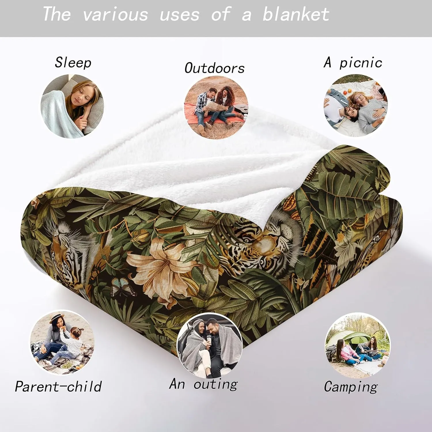 Jungle Tiger Throw Blanket - 50x60in,Ultra Soft, Cozy Lightweight Flannel,Tropical Floral Blankets - Gifts for Women Men & Nature Lovers,for Couch Office Travel,Home Living Room Decor
