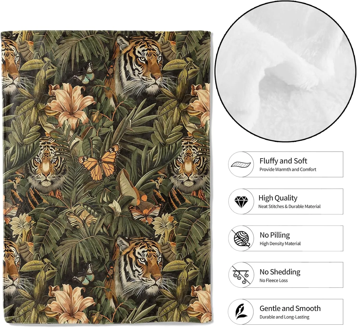 Jungle Tiger Throw Blanket - 50x60in,Ultra Soft, Cozy Lightweight Flannel,Tropical Floral Blankets - Gifts for Women Men & Nature Lovers,for Couch Office Travel,Home Living Room Decor