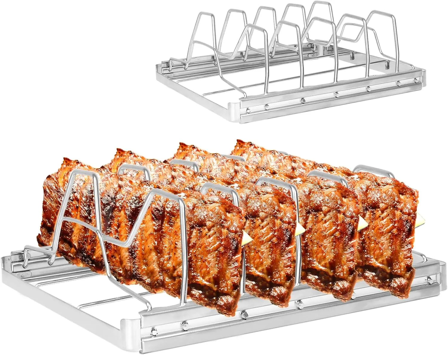 KAMaster Rib Rack for Smoking-Premium Stainless Steel 4 Slots Rib Racks for Grilling-Foldable Roasting Rack Easy to Use and Clean-Premium Durable Rib Rack Smoker Accessories Gifts for Men
