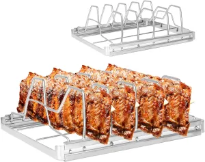 KAMaster Rib Rack for Smoking-Premium Stainless Steel 4 Slots Rib Racks for Grilling-Foldable Roasting Rack Easy to Use and Clean-Premium Durable Rib Rack Smoker Accessories Gifts for Men