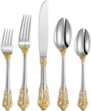 KEAWELL Luxury 20 Pieces 18/10 Stainless Steel Flatware set, Service for 4, silver plated with gold accents, Fine Silverware set and Dishwasher Safe (Gold Accent)