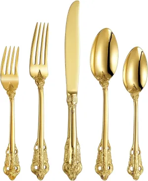 KEAWELL Luxury 20 Pieces 18/10 Stainless Steel Flatware set, Service for 4, silver plated with gold accents, Fine Silverware set and Dishwasher Safe (Gold)