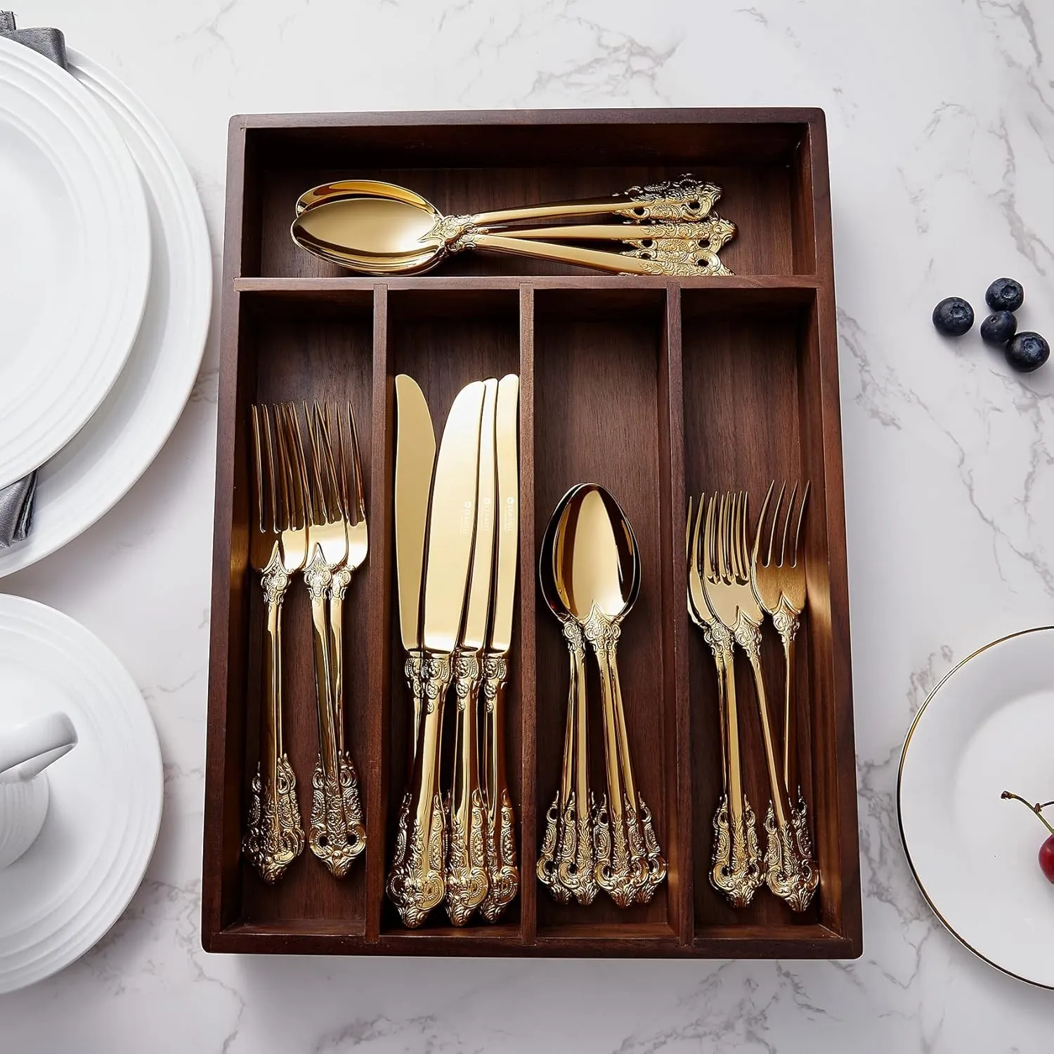 KEAWELL Luxury 20 Pieces 18/10 Stainless Steel Flatware set, Service for 4, silver plated with gold accents, Fine Silverware set and Dishwasher Safe (Gold)