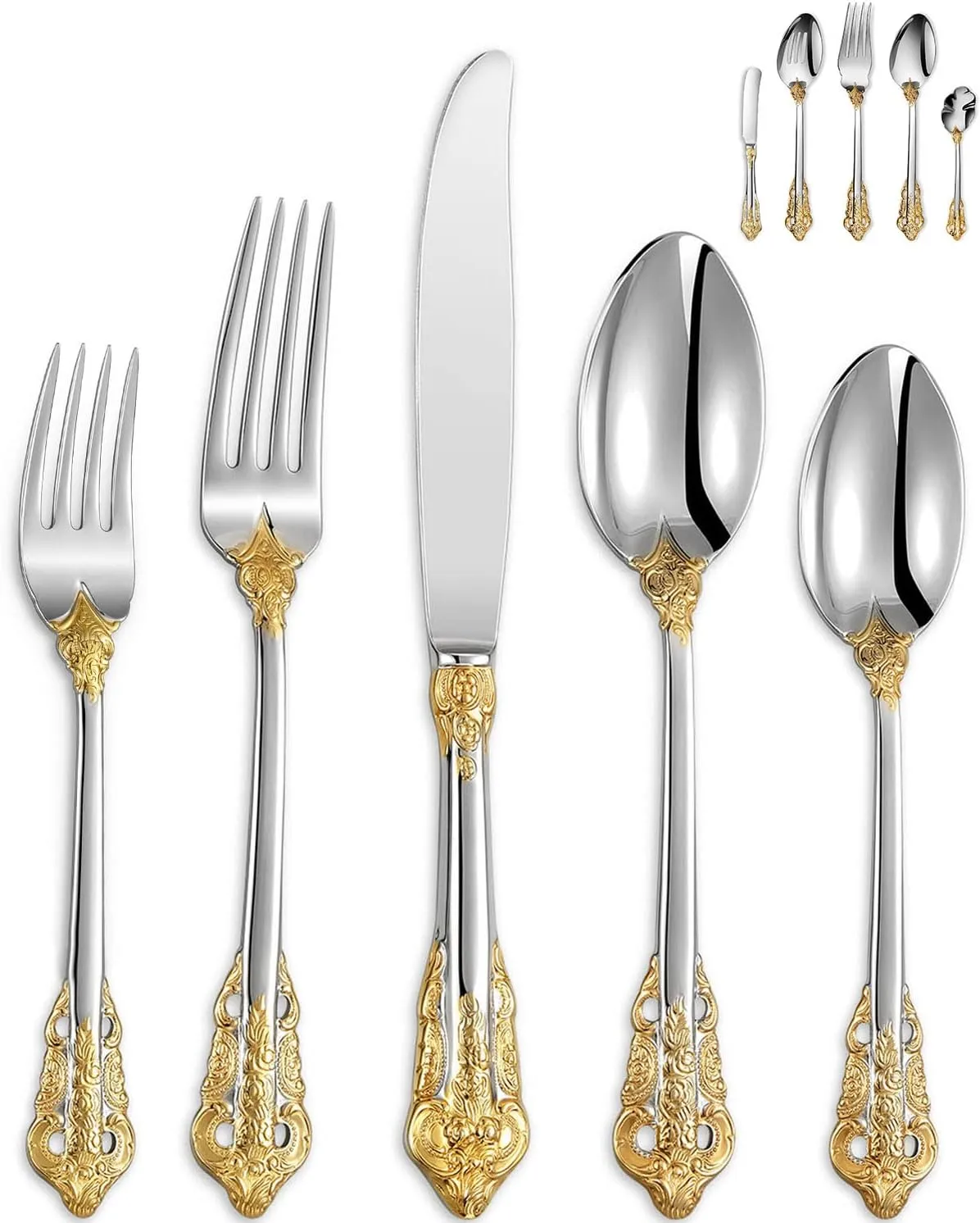 KEAWELL Luxury 45 Pieces 18/10 Stainless Steel Flatware set, Service for 8, silver plated with gold accents, Fine Silverware set and Dishwasher Safe