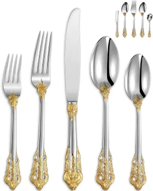 KEAWELL Luxury 45 Pieces 18/10 Stainless Steel Flatware set, Service for 8, silver plated with gold accents, Fine Silverware set and Dishwasher Safe