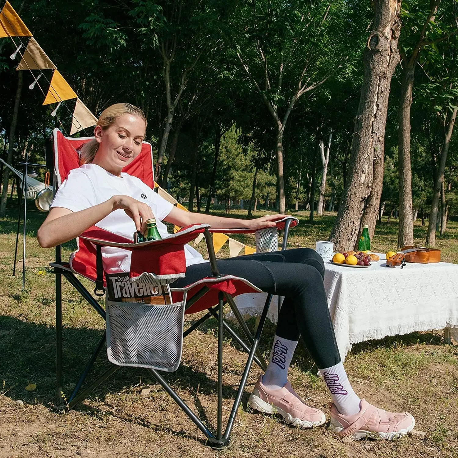 KingCamp Portable Folding Camping Quad Chair, Oversized Fully Cushioned Seat with Side Pocket and Cup Holder, for Tailgates, Beach, Lawn