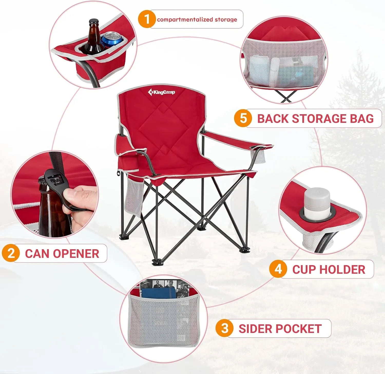 KingCamp Portable Folding Camping Quad Chair, Oversized Fully Cushioned Seat with Side Pocket and Cup Holder, for Tailgates, Beach, Lawn
