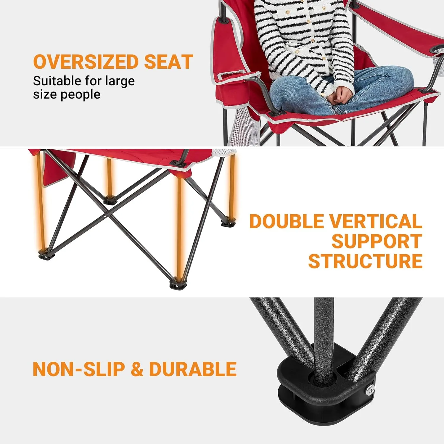 KingCamp Portable Folding Camping Quad Chair, Oversized Fully Cushioned Seat with Side Pocket and Cup Holder, for Tailgates, Beach, Lawn