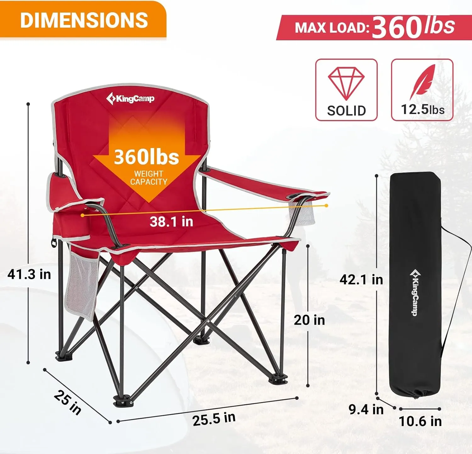 KingCamp Portable Folding Camping Quad Chair, Oversized Fully Cushioned Seat with Side Pocket and Cup Holder, for Tailgates, Beach, Lawn