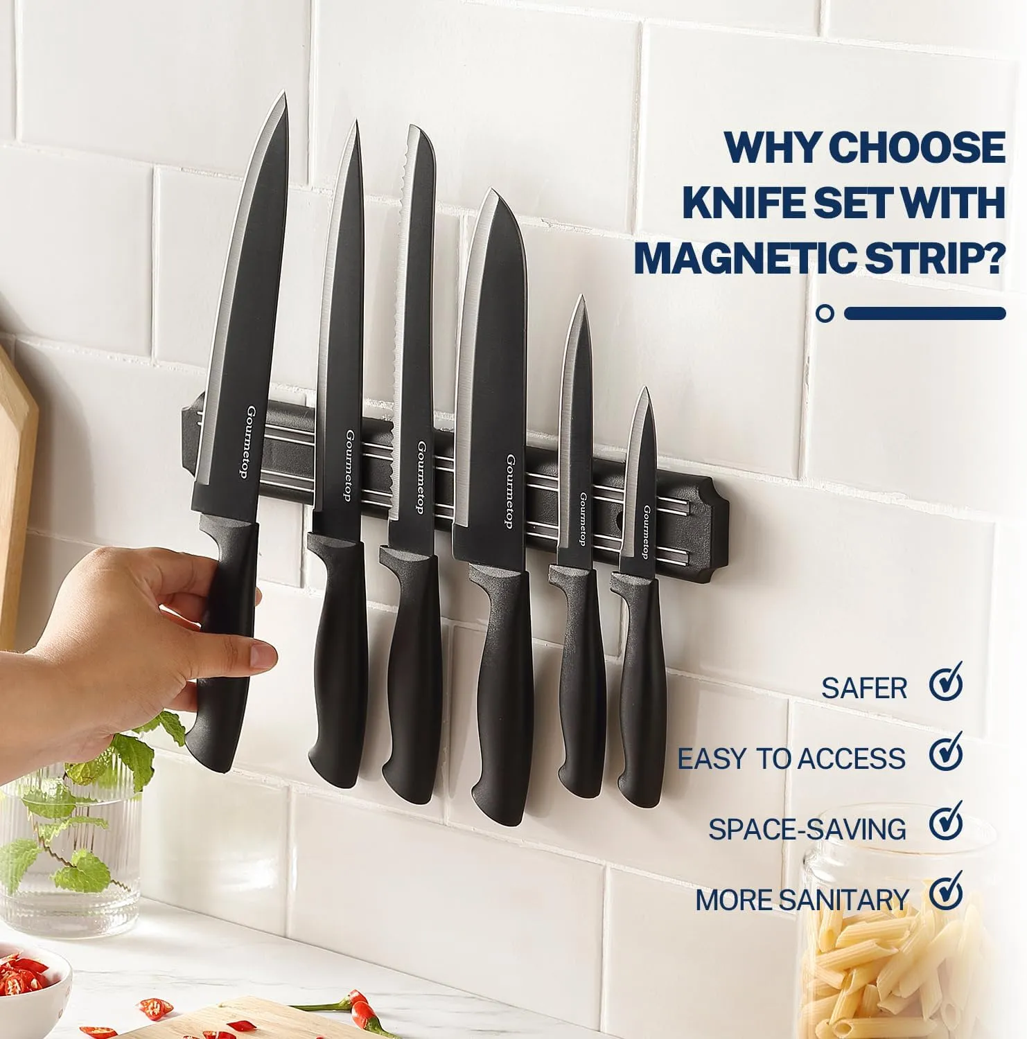 Kitchen Knife Set with No Drilling Magnetic Strip for Kitchen Black Titanium Small Cooking Knives, Sharp Stainless Steel Chef Knife Set for Cutting Meat & Vegetable