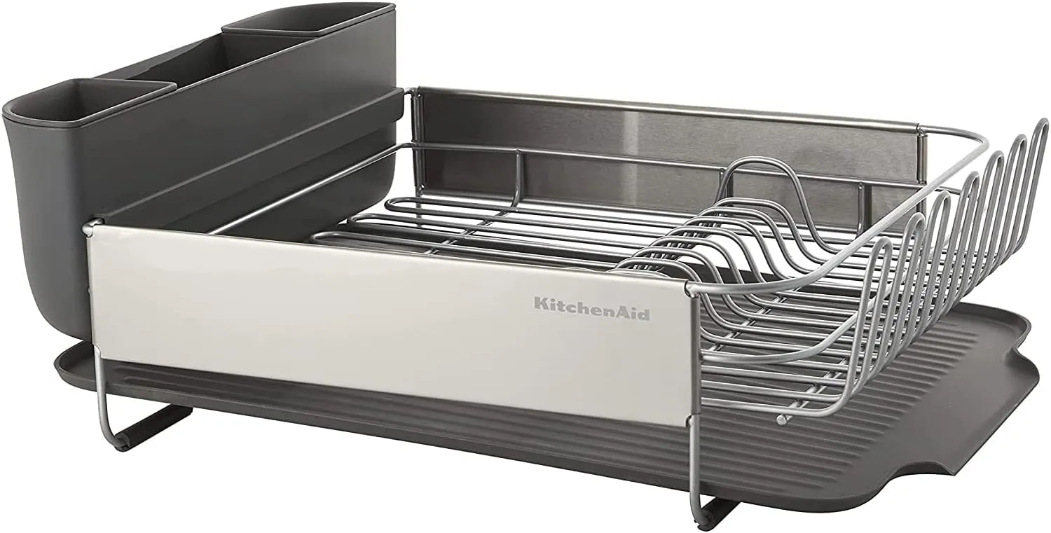 KitchenAid Large Capacity, Fully Size Self Draining Rust Resistatant Satin Coated Dish Rack with Removable Flatware Caddy 20.47-Inch, Gray
