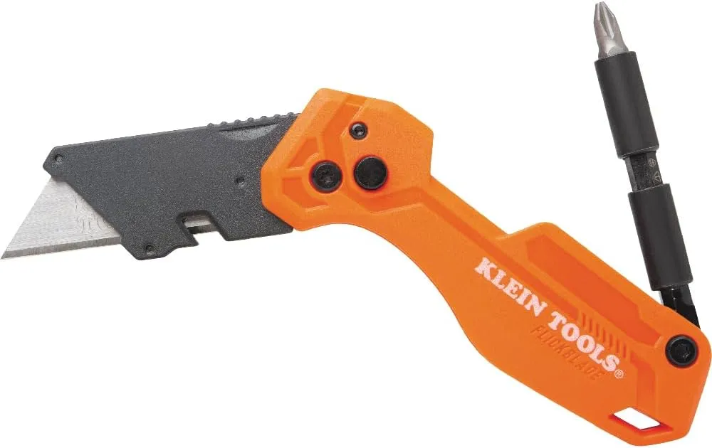 Klein Tools 44304 Folding FLICKBLADE Utility Knife, Compact, Removable Impact Driver, 1/4-Inch Nut Driver and 2 Phillips Bit