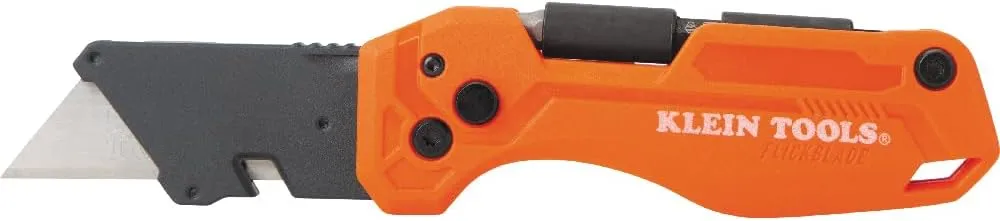 Klein Tools 44304 Folding FLICKBLADE Utility Knife, Compact, Removable Impact Driver, 1/4-Inch Nut Driver and 2 Phillips Bit