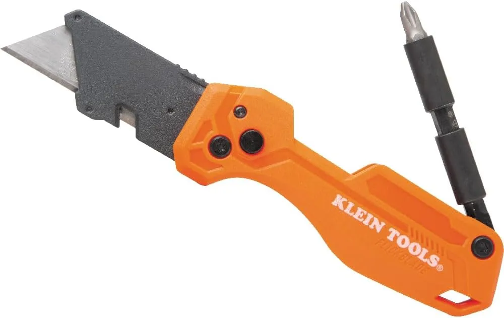 Klein Tools 44304 Folding FLICKBLADE Utility Knife, Compact, Removable Impact Driver, 1/4-Inch Nut Driver and 2 Phillips Bit