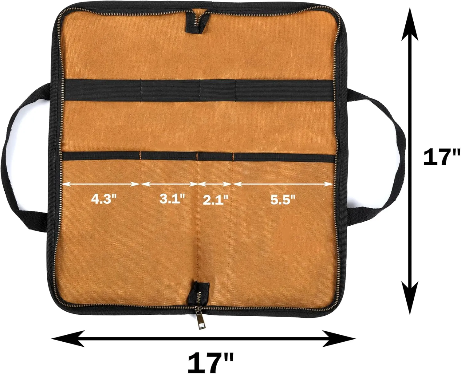 Knife Roll Bag, Heavy Duty 16oz Waxed Cavas Knife Holder | Professional 4 Slots Knife Bag Case with Brass Zipper & Portable Handle - Khaki - 17"L x 17"W