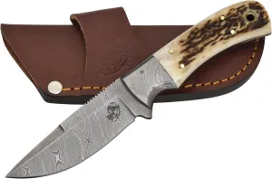 Knives Ranch Handmade All-Rounder Damascus Steel 7-1/2" Knife with Red Stag Antler Handle and Heavy-Duty Cow Leather Horizontal Carrying Cowboy Style Sheath (2142-SG)