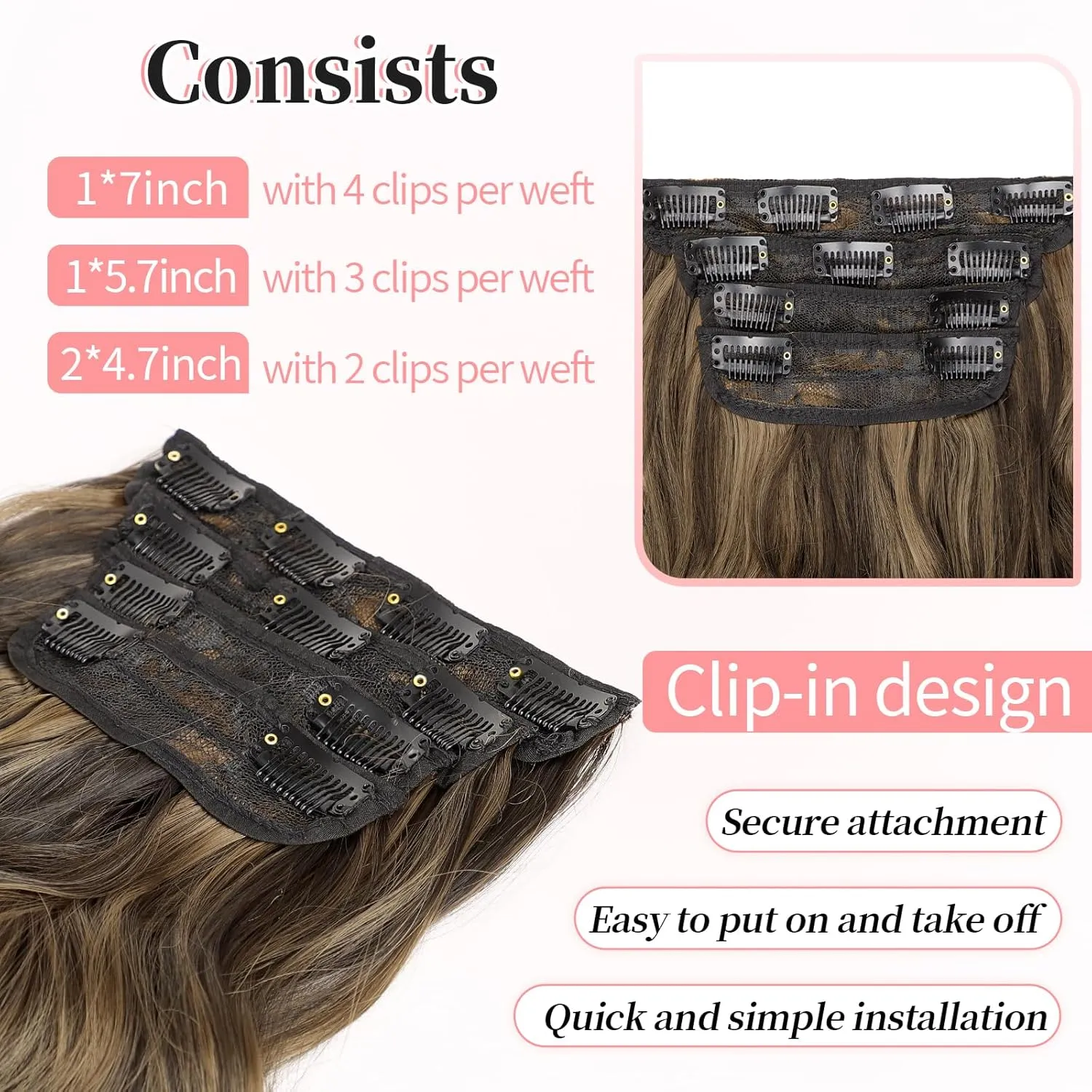 KooKaStyle Clip in Synthetic Hair Extensions Long Wavy 4PCS Thick Hairpieces Balayage Chocolate Brown to Caramel Blonde 10H26 Fiber Double Weft Natural Hair Extensions 24 Inch for Women