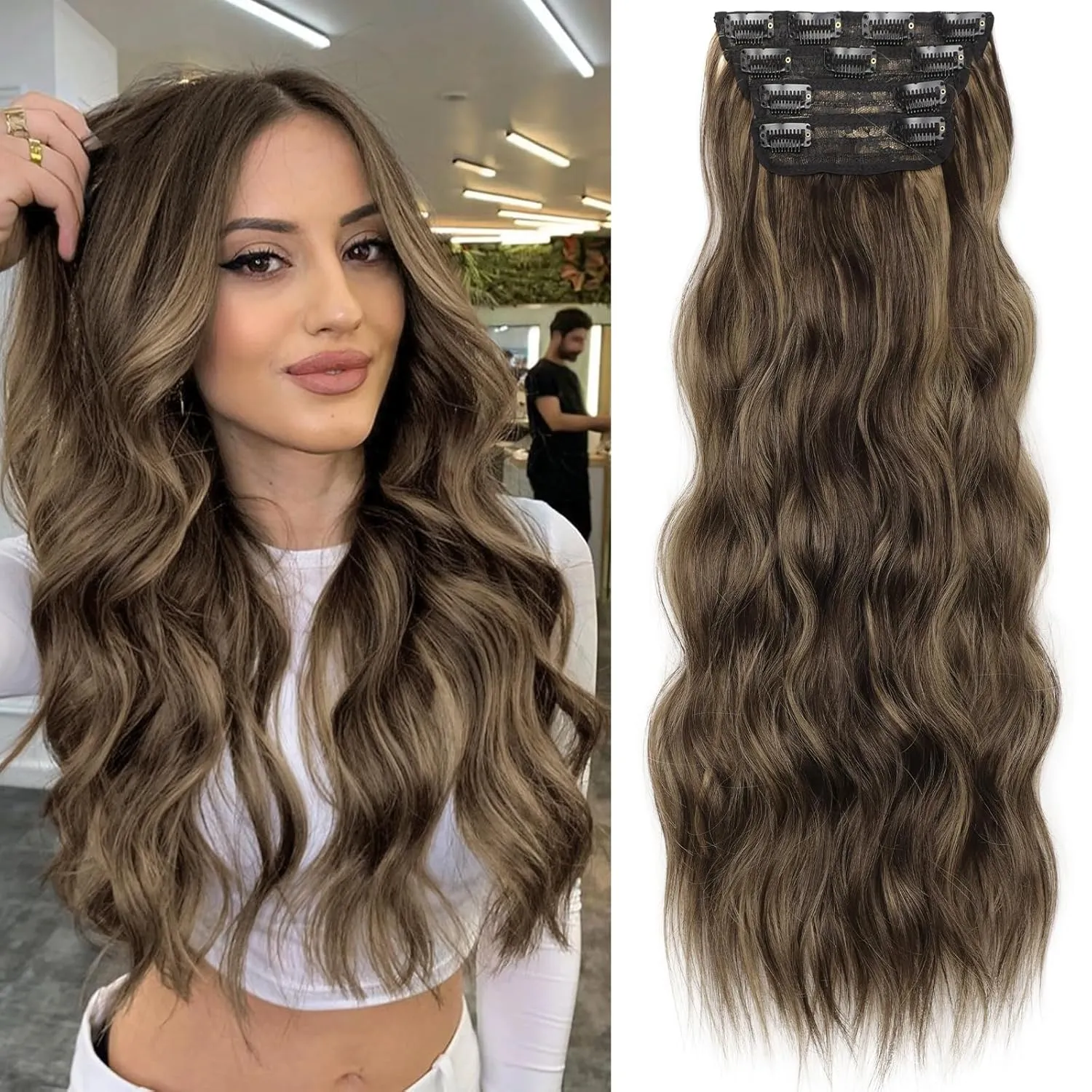KooKaStyle Clip in Synthetic Hair Extensions Long Wavy 4PCS Thick Hairpieces Balayage Chocolate Brown to Caramel Blonde 10H26 Fiber Double Weft Natural Hair Extensions 24 Inch for Women