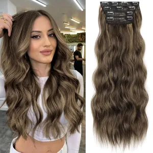 KooKaStyle Clip in Synthetic Hair Extensions Long Wavy 4PCS Thick Hairpieces Balayage Chocolate Brown to Caramel Blonde 10H26 Fiber Double Weft Natural Hair Extensions 24 Inch for Women