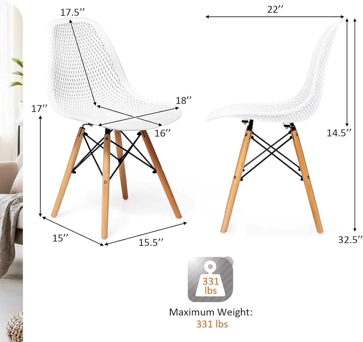 KOTEK Set of 2 Dining Chairs, DSW Molded Shell Plastic Side Chairs with Mesh Design, Solid Wood Legs, Mid-Century Modern Armless Side Chairs for Kitchen, Dining Room, Living Room (White)