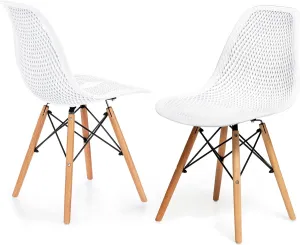 KOTEK Set of 2 Dining Chairs, DSW Molded Shell Plastic Side Chairs with Mesh Design, Solid Wood Legs, Mid-Century Modern Armless Side Chairs for Kitchen, Dining Room, Living Room (White)
