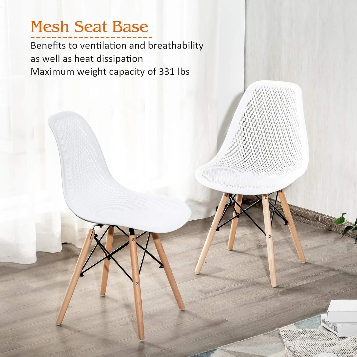 KOTEK Set of 2 Dining Chairs, DSW Molded Shell Plastic Side Chairs with Mesh Design, Solid Wood Legs, Mid-Century Modern Armless Side Chairs for Kitchen, Dining Room, Living Room (White)