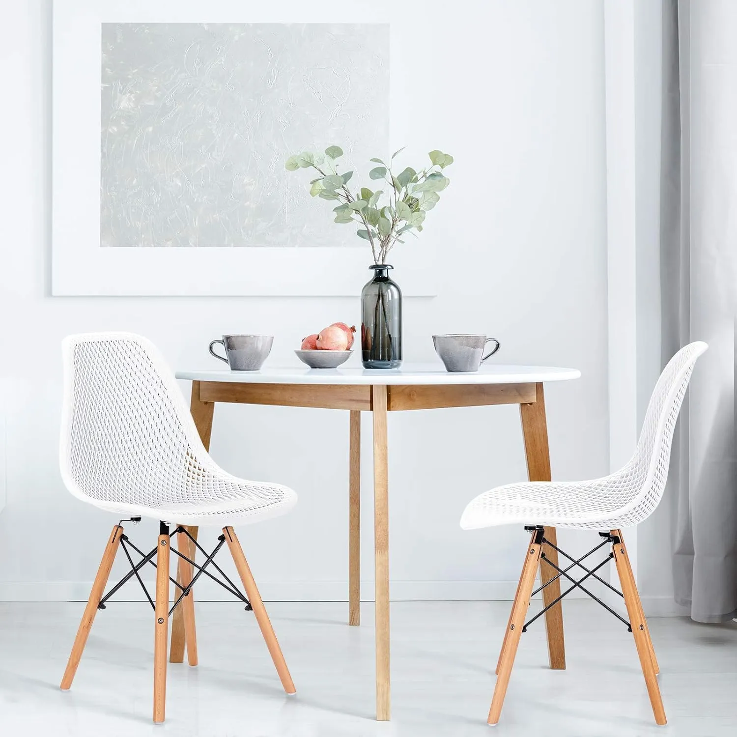 KOTEK Set of 2 Dining Chairs, DSW Molded Shell Plastic Side Chairs with Mesh Design, Solid Wood Legs, Mid-Century Modern Armless Side Chairs for Kitchen, Dining Room, Living Room (White)