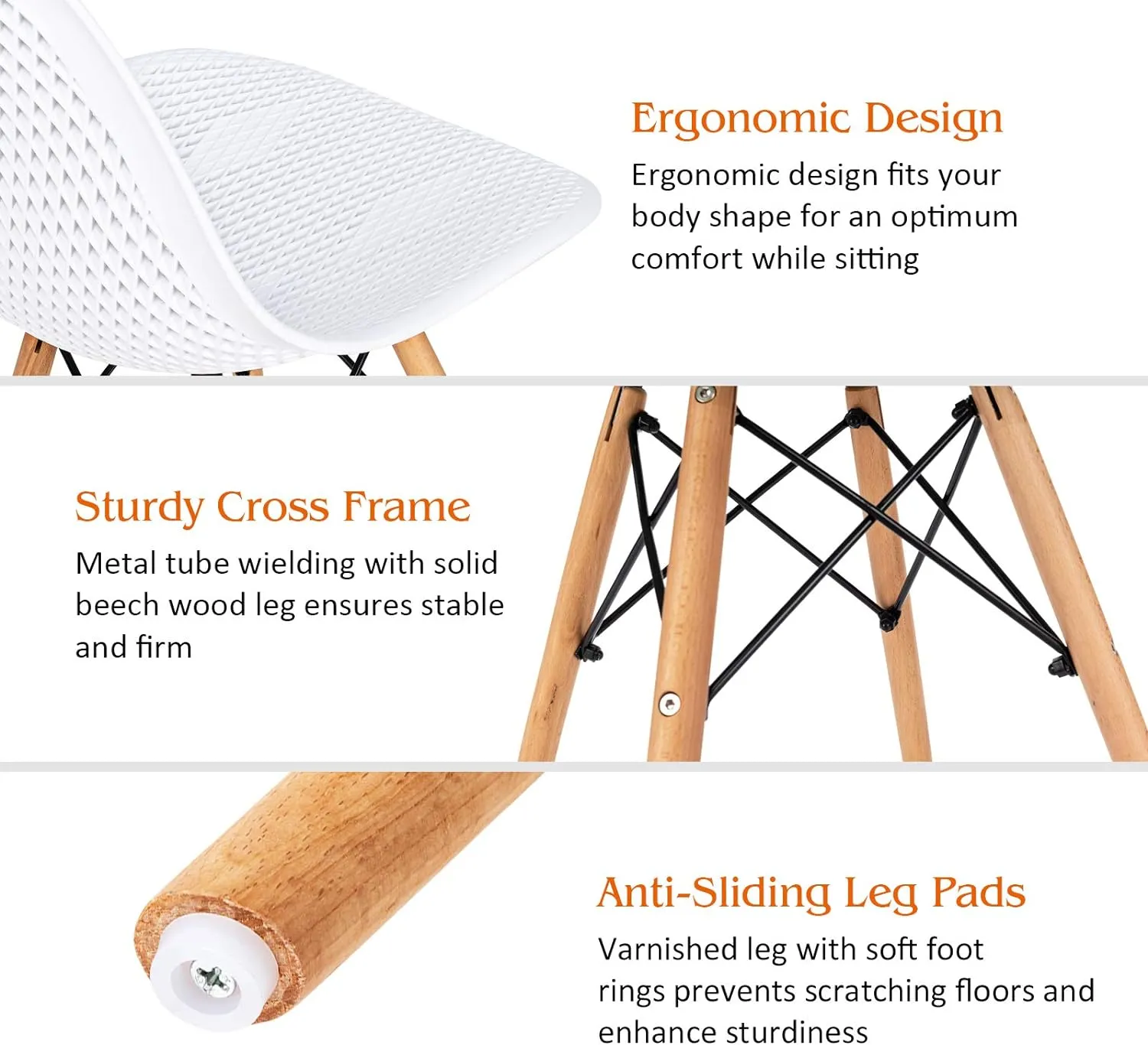 KOTEK Set of 2 Dining Chairs, DSW Molded Shell Plastic Side Chairs with Mesh Design, Solid Wood Legs, Mid-Century Modern Armless Side Chairs for Kitchen, Dining Room, Living Room (White)