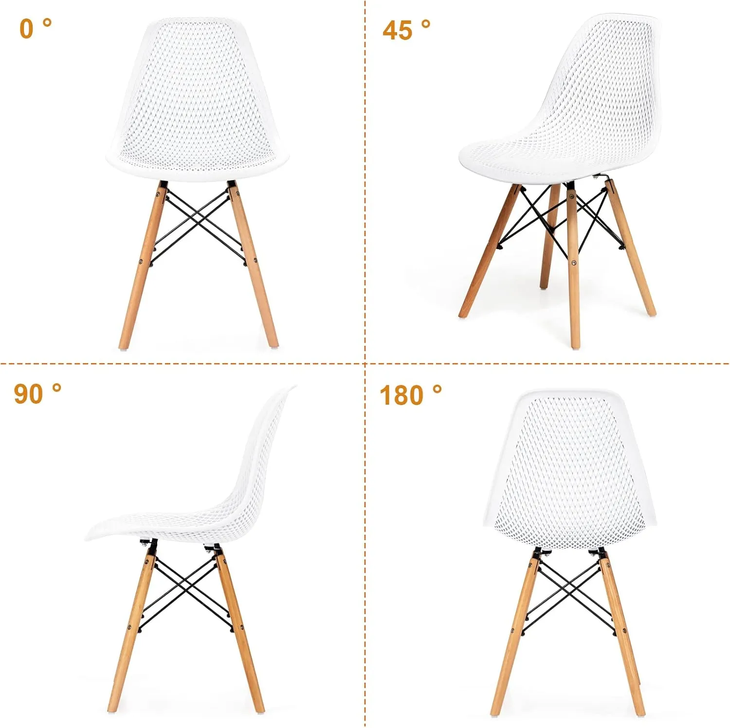 KOTEK Set of 2 Dining Chairs, DSW Molded Shell Plastic Side Chairs with Mesh Design, Solid Wood Legs, Mid-Century Modern Armless Side Chairs for Kitchen, Dining Room, Living Room (White)