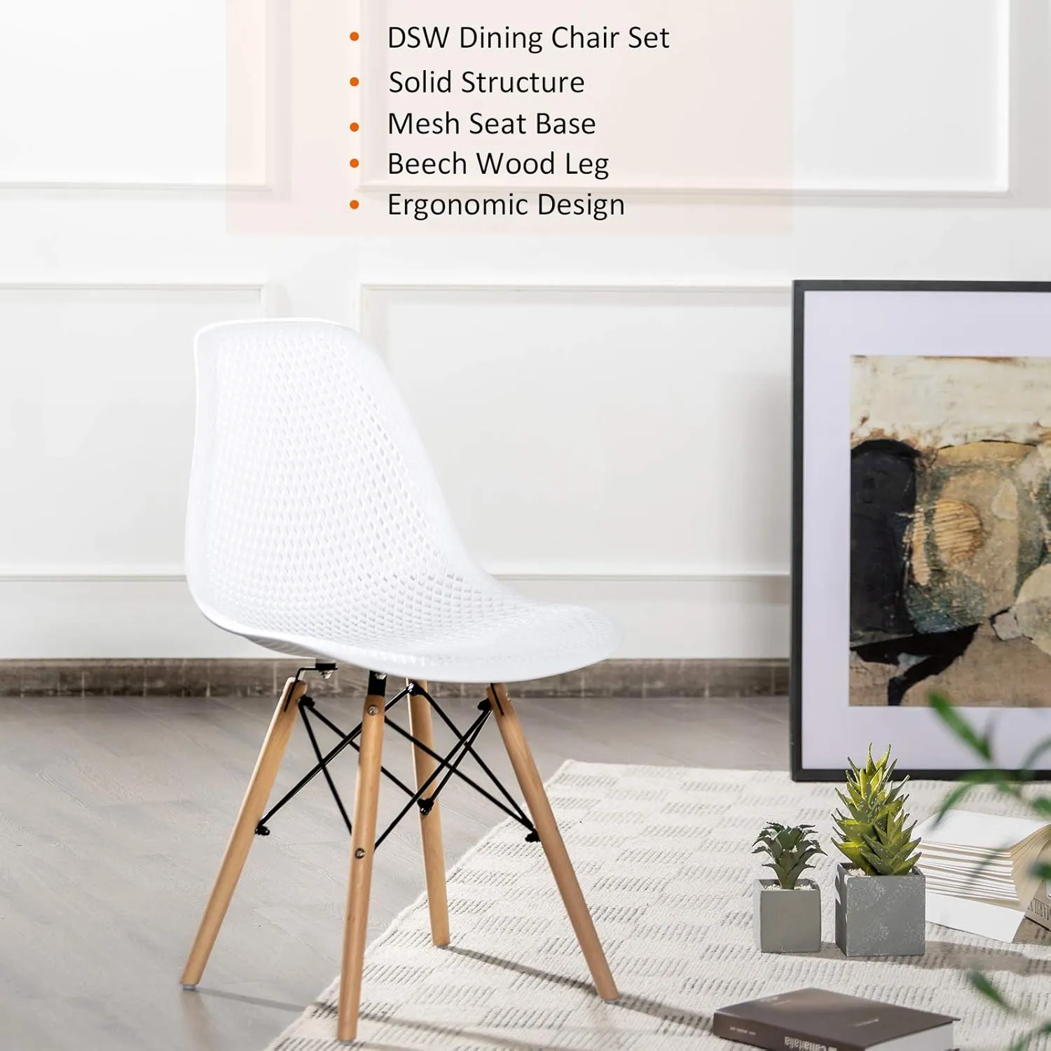 KOTEK Set of 2 Dining Chairs, DSW Molded Shell Plastic Side Chairs with Mesh Design, Solid Wood Legs, Mid-Century Modern Armless Side Chairs for Kitchen, Dining Room, Living Room (White)