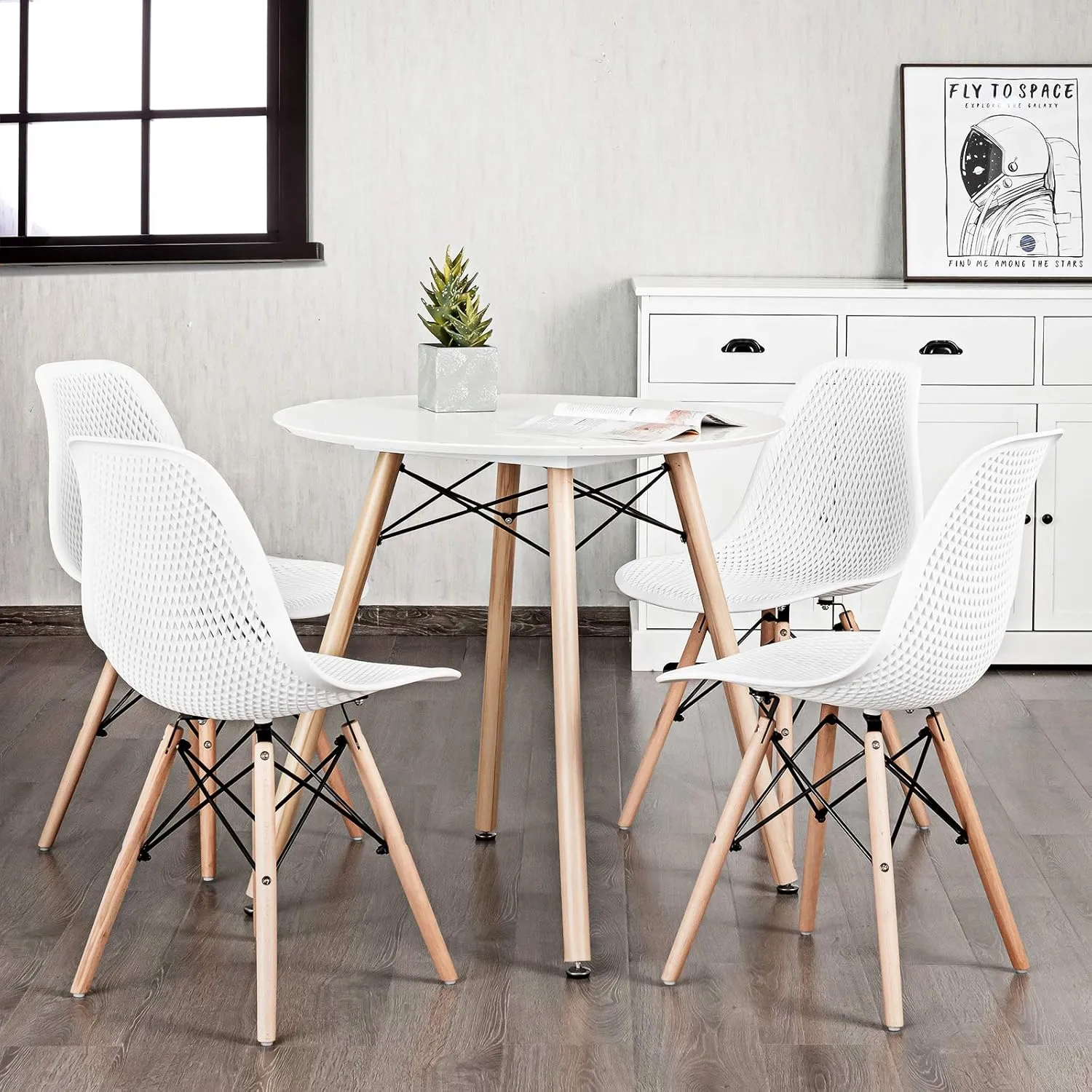 KOTEK Set of 2 Dining Chairs, DSW Molded Shell Plastic Side Chairs with Mesh Design, Solid Wood Legs, Mid-Century Modern Armless Side Chairs for Kitchen, Dining Room, Living Room (White)