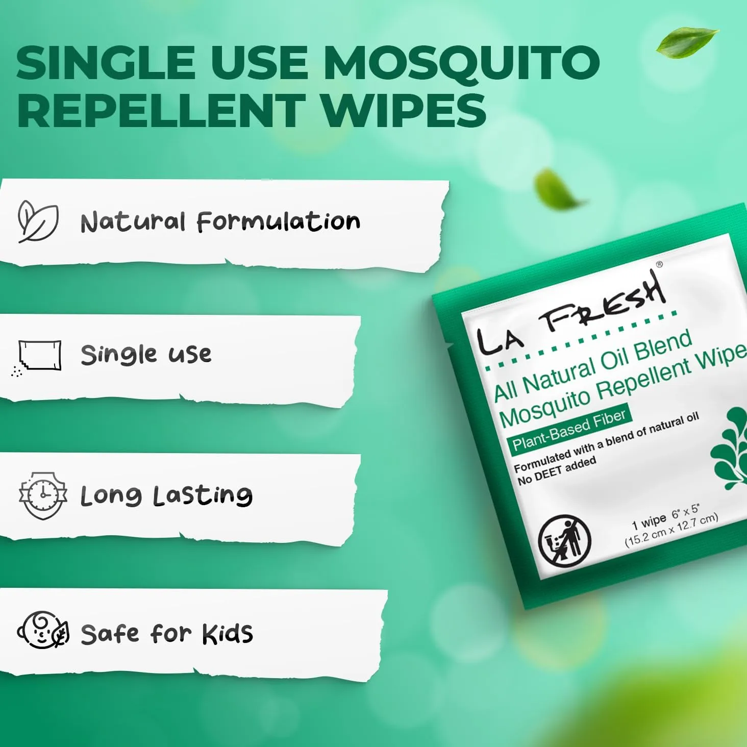 LA Fresh DEET Free Mosquito Repellent Wipes - Long Lasting Bug Repellent Wipes, Travel Insect Repellant - Pack of 50 Natural Insect Repellent Wipes