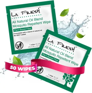 LA Fresh DEET Free Mosquito Repellent Wipes - Long Lasting Bug Repellent Wipes, Travel Insect Repellant - Pack of 50 Natural Insect Repellent Wipes