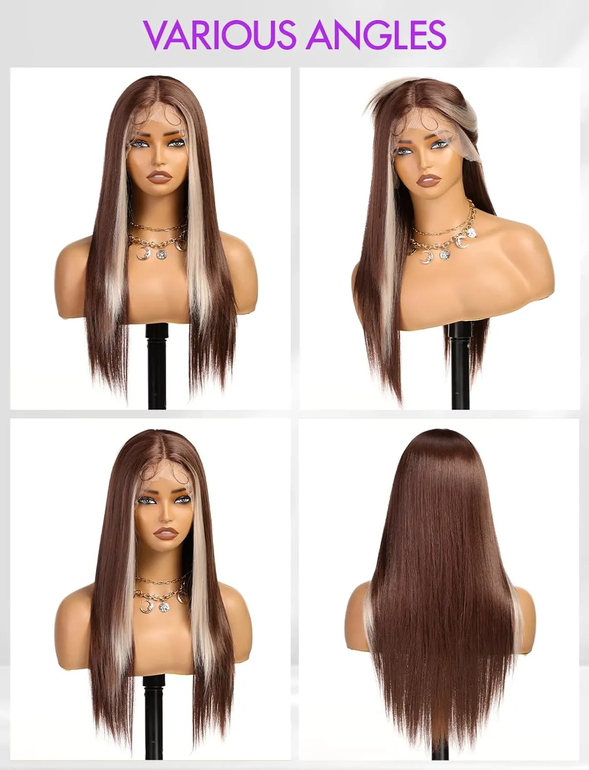 Lace Front Wig Synthetic Long Straight Gluless Brown with Blonde Highlights Wigs With Baby Hair For Women 26Inch
