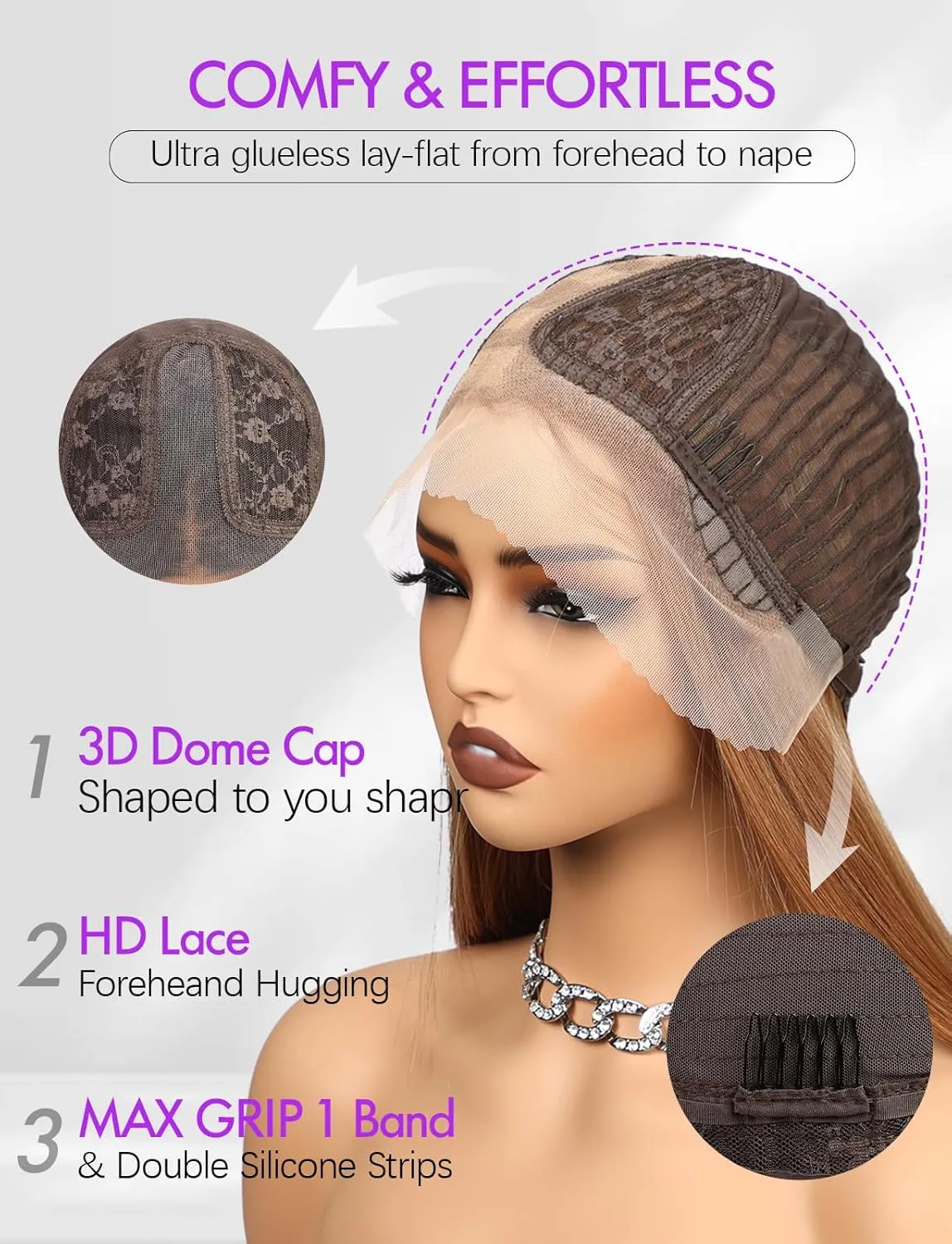 Lace Front Wig Synthetic Long Straight Gluless Brown with Blonde Highlights Wigs With Baby Hair For Women 26Inch