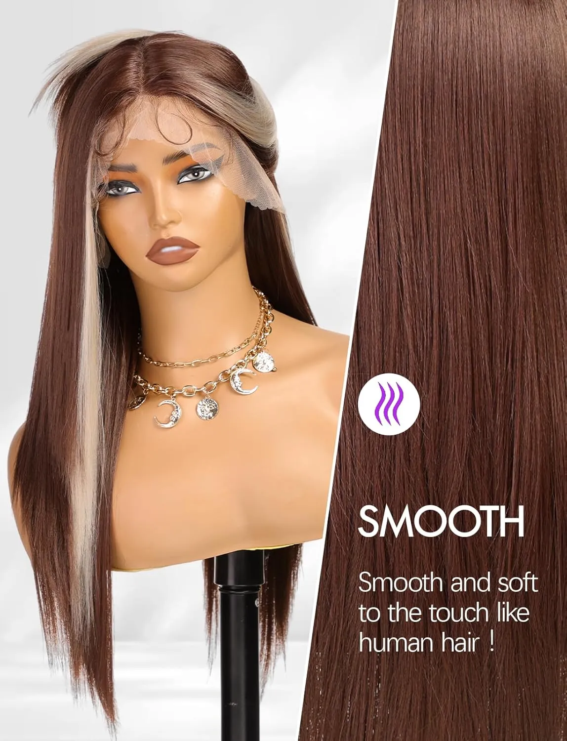 Lace Front Wig Synthetic Long Straight Gluless Brown with Blonde Highlights Wigs With Baby Hair For Women 26Inch
