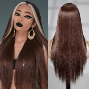 Lace Front Wig Synthetic Long Straight Gluless Brown with Blonde Highlights Wigs With Baby Hair For Women 26Inch