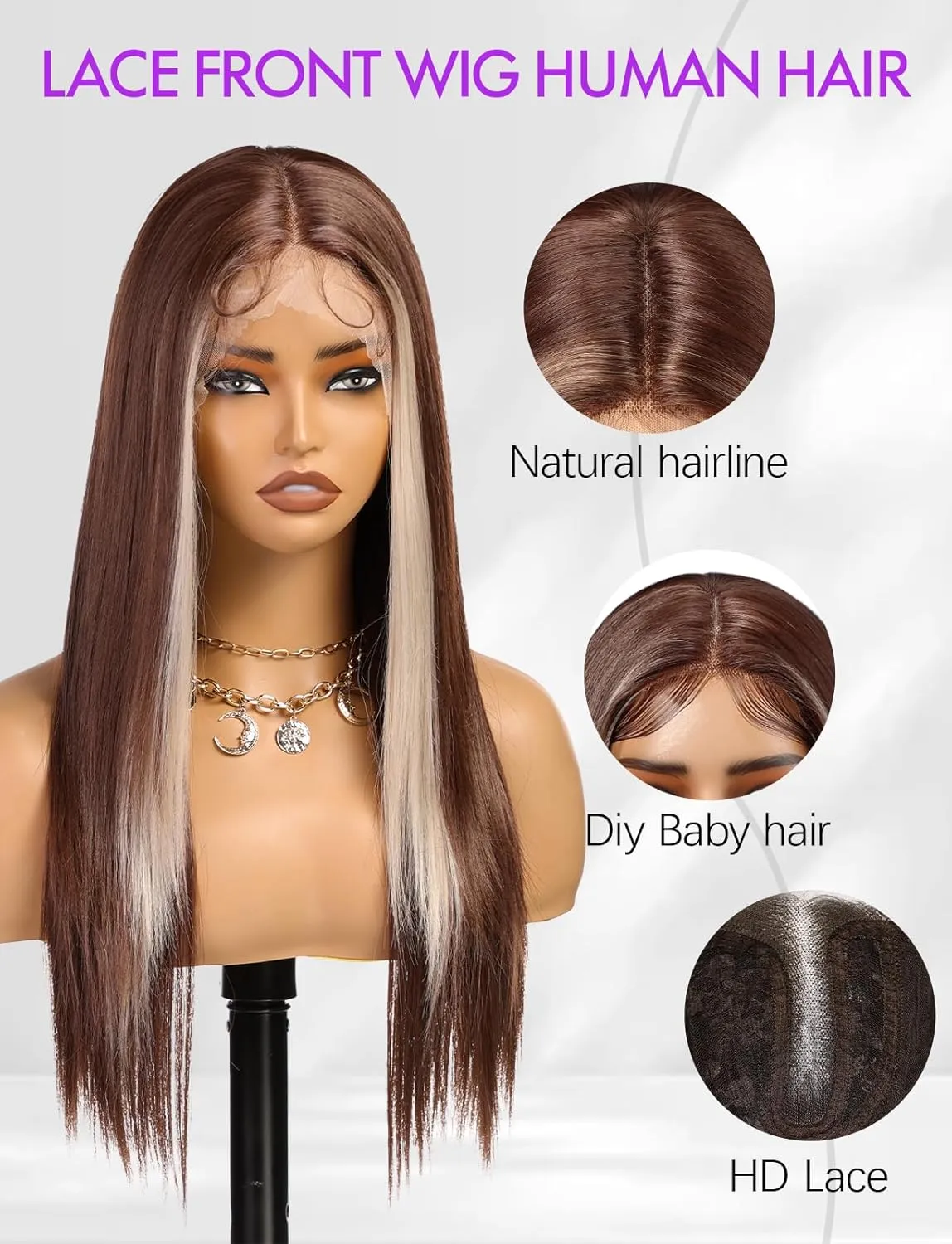 Lace Front Wig Synthetic Long Straight Gluless Brown with Blonde Highlights Wigs With Baby Hair For Women 26Inch